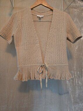 LOFT Lambswool Angora Knit Cardigan – Beige Short Sleeve Tie Front Sweater - S